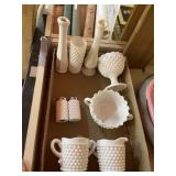 White Milk Glass Hobnail Dish Set Vases Sugar