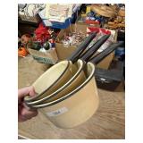 Set Of Three Yellow Black Enamel Saucepans