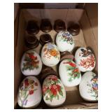 Set Of 8 Avon Eggs With Wood Base Birds Flowers