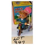 Tin Litho Wind-Up Mechanical Boy on Tricycle Toy