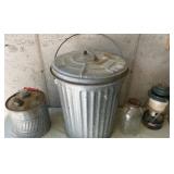 Vintage gas can, metal bin, jar, and lantern