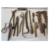 Vintage adjustable wrenches and other tools
