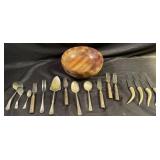 Flatware and wooden bowl