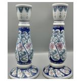 Floral Blue & White Vintage Candlestick Holders