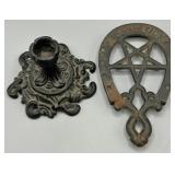 Cast Iron Candlestick Holder & Horseshoe Trivet
