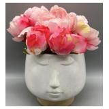 Ceramic Face Planter Vase w/Faux Peonies