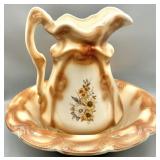 Vintage Brown & Cream Pitcher and Wash Bowl