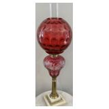 Antique Cranberry Etched Oil Lamp w/Coin Dot Globe