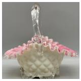 Victorian Revival Art Pink Cased Glass Basket