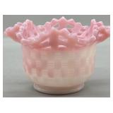 Fenton Pink Rosalene Basket Weave Rose Bowl