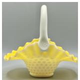 Hobnail Milk Glass Yellow Overlay Melon Basket