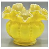 Fenton Beaded Melon Rose Bowl w/Yellow Overlay