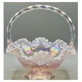 Fenton Pink Opalescent Leaf Pattern Basket