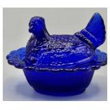 Mosser Glass Cobalt Blue Hen on Nest Salt Cellar