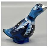Fenton Blue Glass Duck Hand Painted Artist Signed