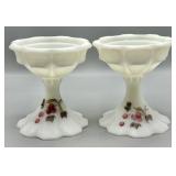 Fenton HP Signed D. Fredrick Satin Candleholders
