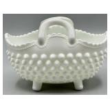 Fenton Hobnail Double Handled Milk Glass Basket