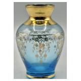Vintage Murano Blue Art Glass Vase w/24k Gold Leaf