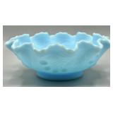 Fenton Blue Satin Persian Medallion Ruffled Bowl