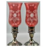Etched Cranberry Glass and Gorham EP Candleholders