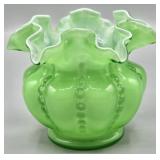 Fenton Green Cased Glass Beaded Melon Bowl