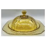 1930s Madrid Amber Depression Glass Butter Dish