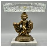 Mid-Century Brass Cherub and Crystal Ashtray