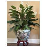 Vtg Satsuma Asian Planter w Faux Plant & Stand