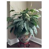 Vtg Satsuma Asian Planter w Stand & Faux Plant