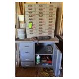 Rolling metal table, organizing bin and contents