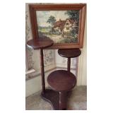 Vintage Plant Stand and Framed Cottage Print