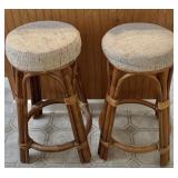 (2) Rattan Bentwood Bar Stools w Upholstered Seats