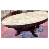 1940s Victorian Lyre Harp Marble Coffee Table