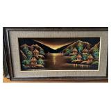 Vintage Black Velvet Painting of a River Village