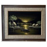 Vintage Black Velvet Sunset Painting