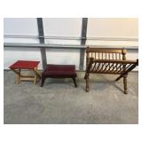 Magazine rack and 2 small stools