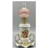 Vintage Oil Lamp w/Pink Hobnail Glass Shade