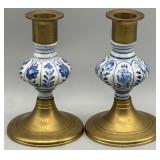 1950s Delft Floral Blue & White Brass Candlesticks