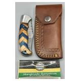 Hand Made Damascus Folding Knife with Sheath