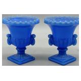 Akro Agate Blue Slag Glass Urn Vases