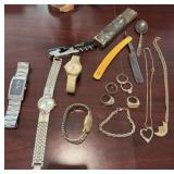 Lot of misc watches, jewelry and straight razor