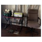 Desk, decor, ceiling fan & chair