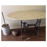 Treadle table, mirror, churn & cast kettle