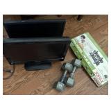 2 19in TVs, tv mount and hand weights