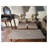 Matching end tables, coffee table, and lamps