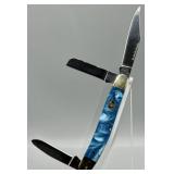 Crowing Rooster Celluloid Blue Pearl Pocket Knife
