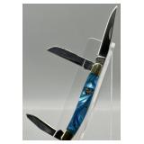 Crowing Rooster Celluloid Blue Pearl Pocket Knife