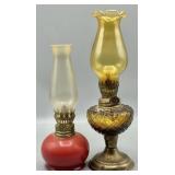(2) Vintage Glass Oil Lamps Ruby Red & Amber