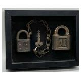 Vintage Yale Padlocks & Key w/Shadow Box Display
