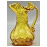 Hand Blown Amber Art Glass PItcher Applied Handle